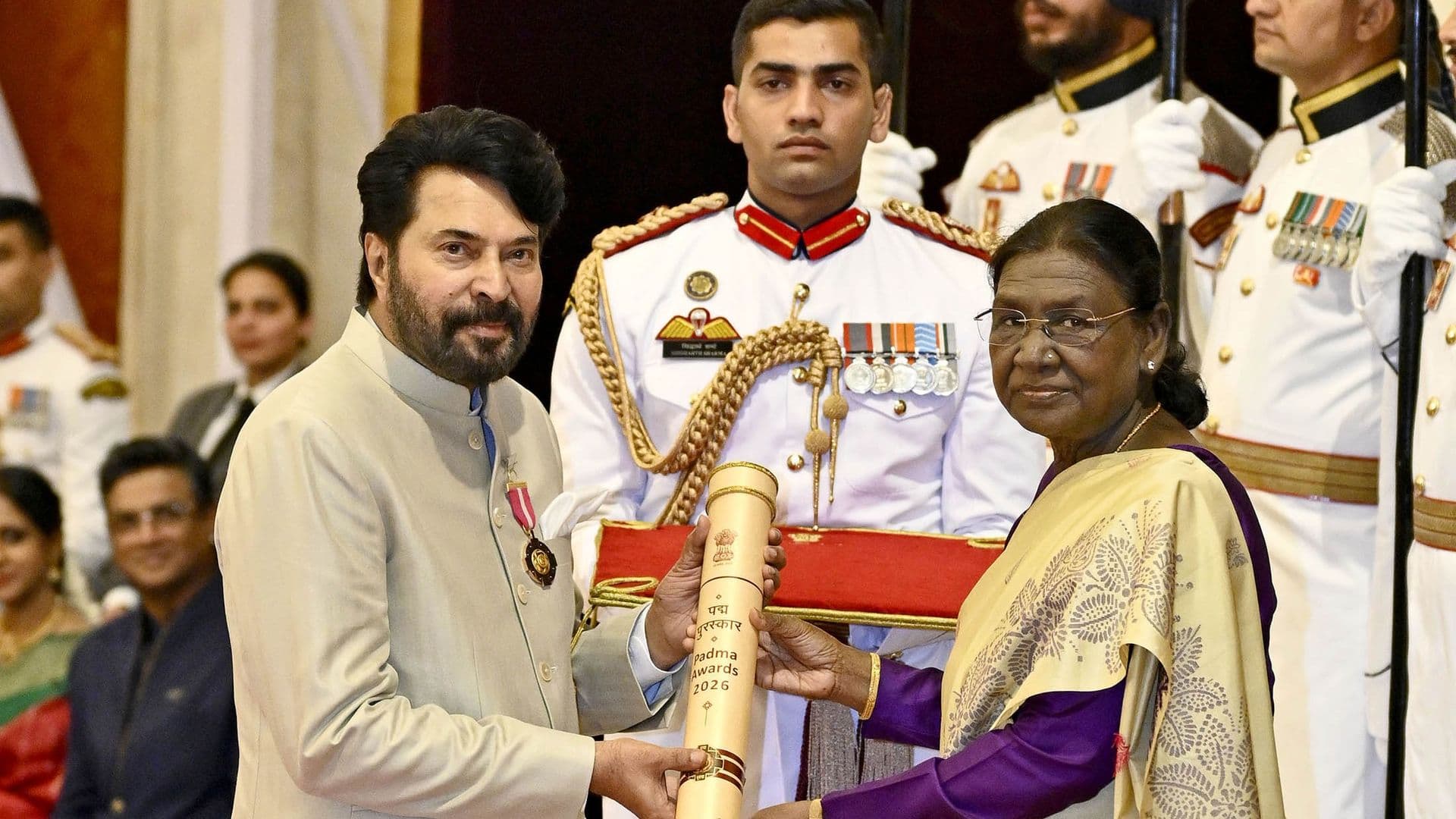 President Droupadi Murmu presenting the Padma Bhushan to Mammootty at the Civil Investiture Ceremony, Rashtrapati Bhavan